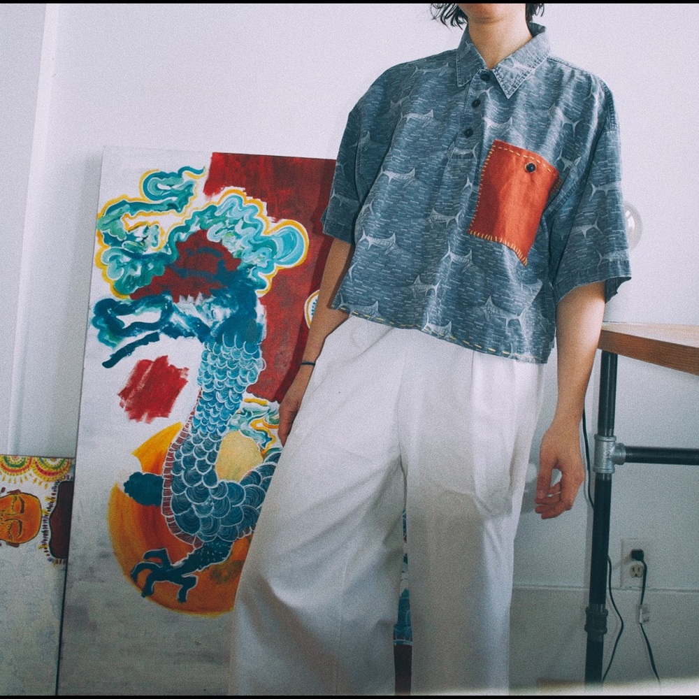 Marlin Cropped Shortsleeved Patchwork Buttonup Shirt